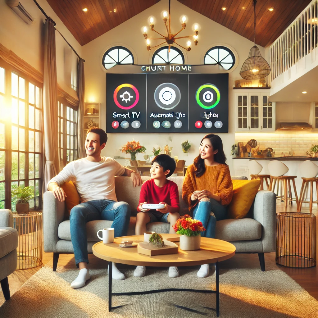 가족이 스마트홈 기기를 활용하며 편리함을 누리는 따뜻한 장면