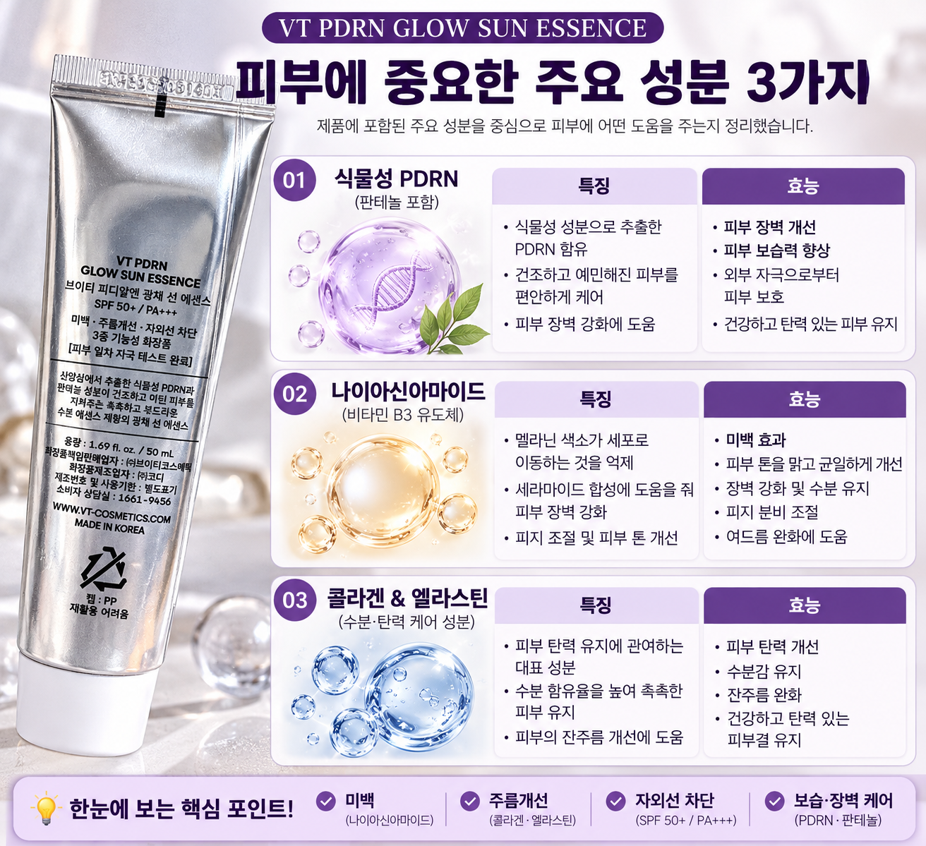 VT PDRN 광채 선 에센스 주요 성분 3가지 안내 이미지