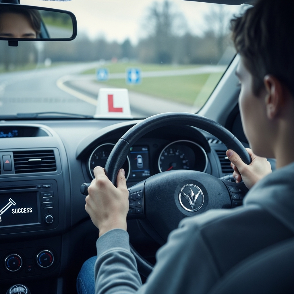 운전면허 기능시험에 재도전하는 초보 운전자가 결의에 찬 표정으로 운전대를 잡고 있는 모습.