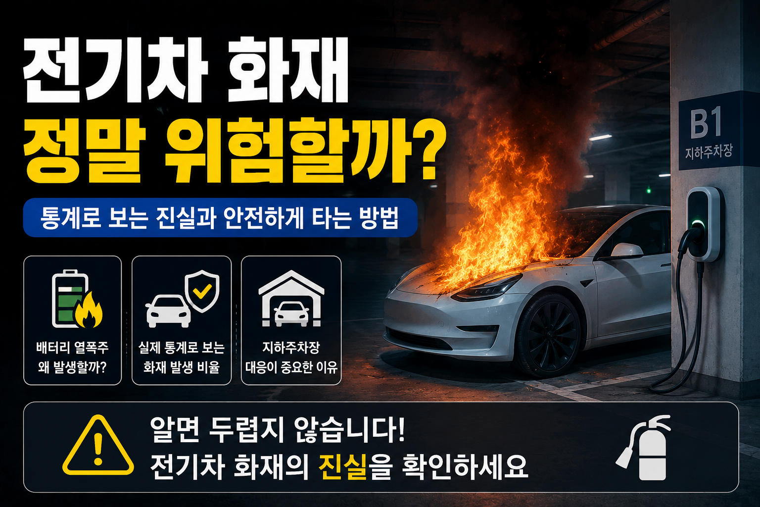 지하주차장에 세워진 전기차와 배터리 아이콘을 크게 배치하고 ‘전기차 화재 정말 위험할까?’만 강조한 심플한 모바일 이미지