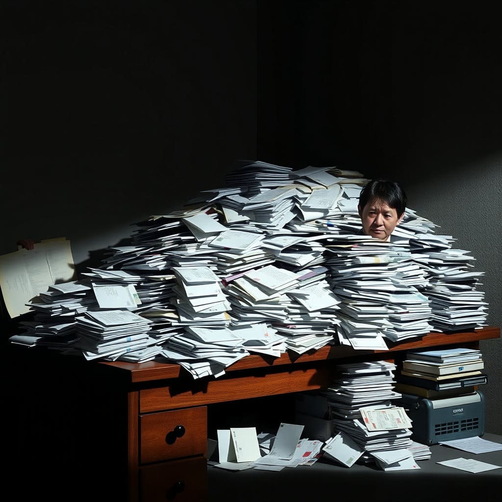 책상 위에 쌓여 있는 고지서나 청구서 더미와 그 옆에서 걱정스러운 표정으로 서류를 바라보는 사람의 모습. 빚의 무게감을 강조합니다.