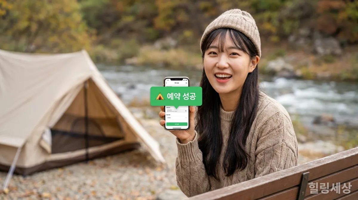 캠핑장 예약 성공 알림을 보고 기뻐하는 한국인 여성