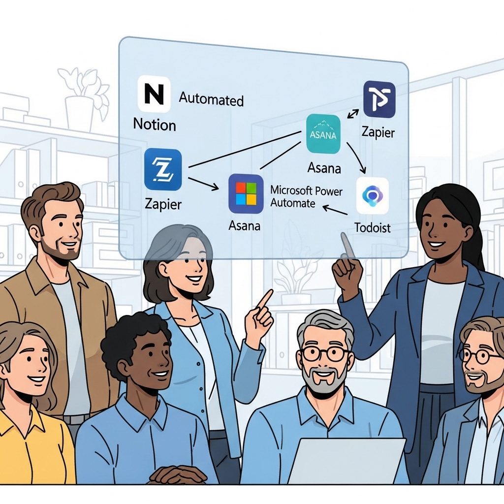 다양한 직장인들이 생산성 앱으로 자동화된 업무 화면을 보며 효율적으로 일하는 모습, 푸른색과 회색 톤으로 표현된 스마트 오피스 환경.