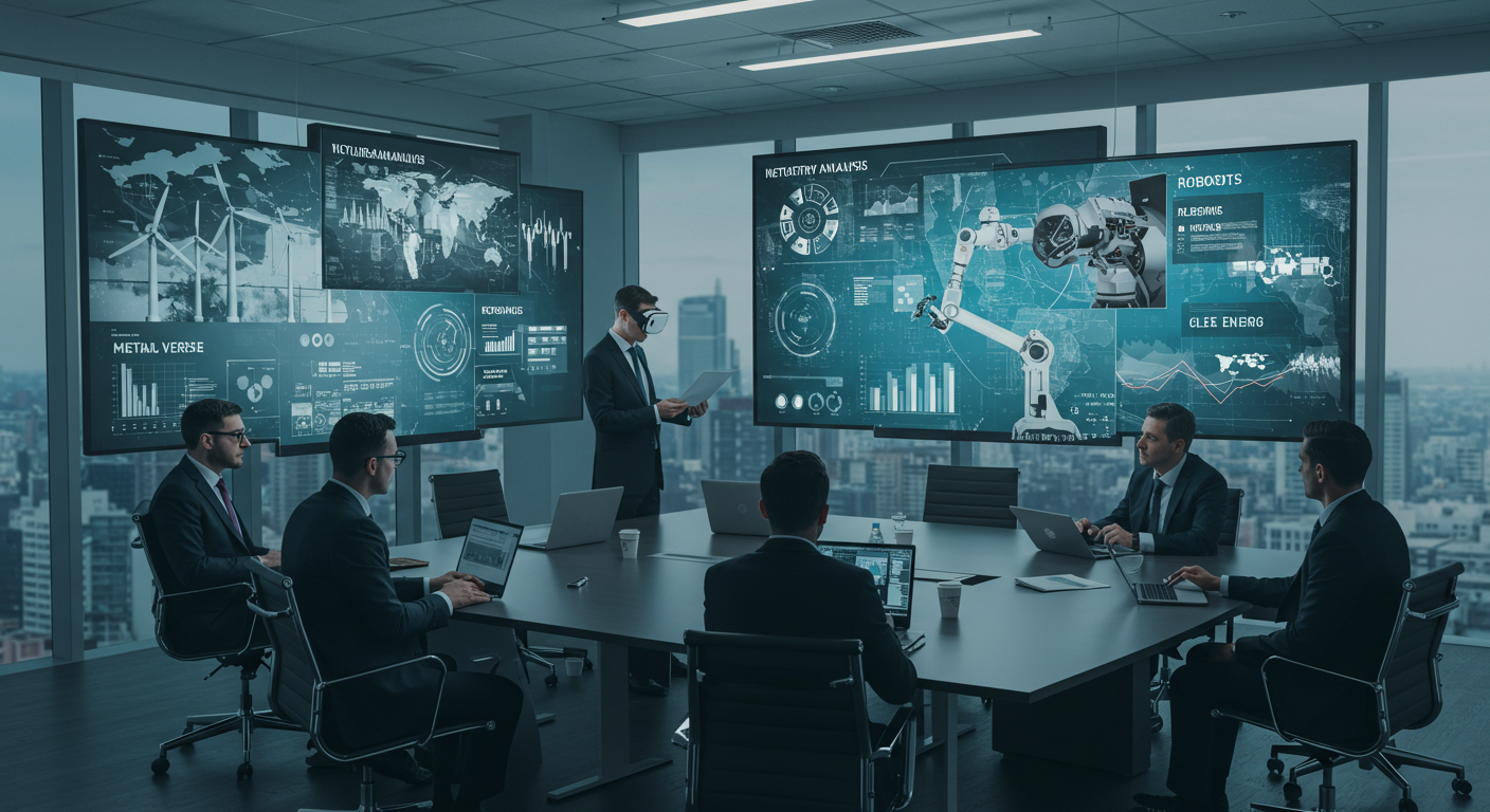 직장인들이 오피스 회의실에서 메타버스, 로봇, 클린에너지 산업 데이터를 검토하는 모습. 디지털 스크린에 각 산업의 시각화 이미지와 키워드가 표시되어 있음.