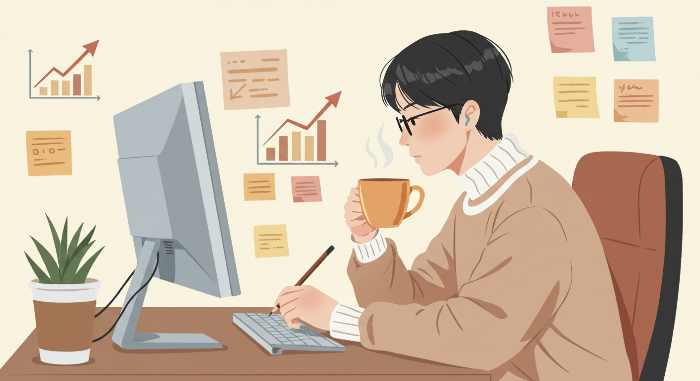 블로그에 10편 이상 글을 작성하고 꾸준함을 다짐하는 사람의 모습, 성실한 작업 공간이 함께 표현된 장면