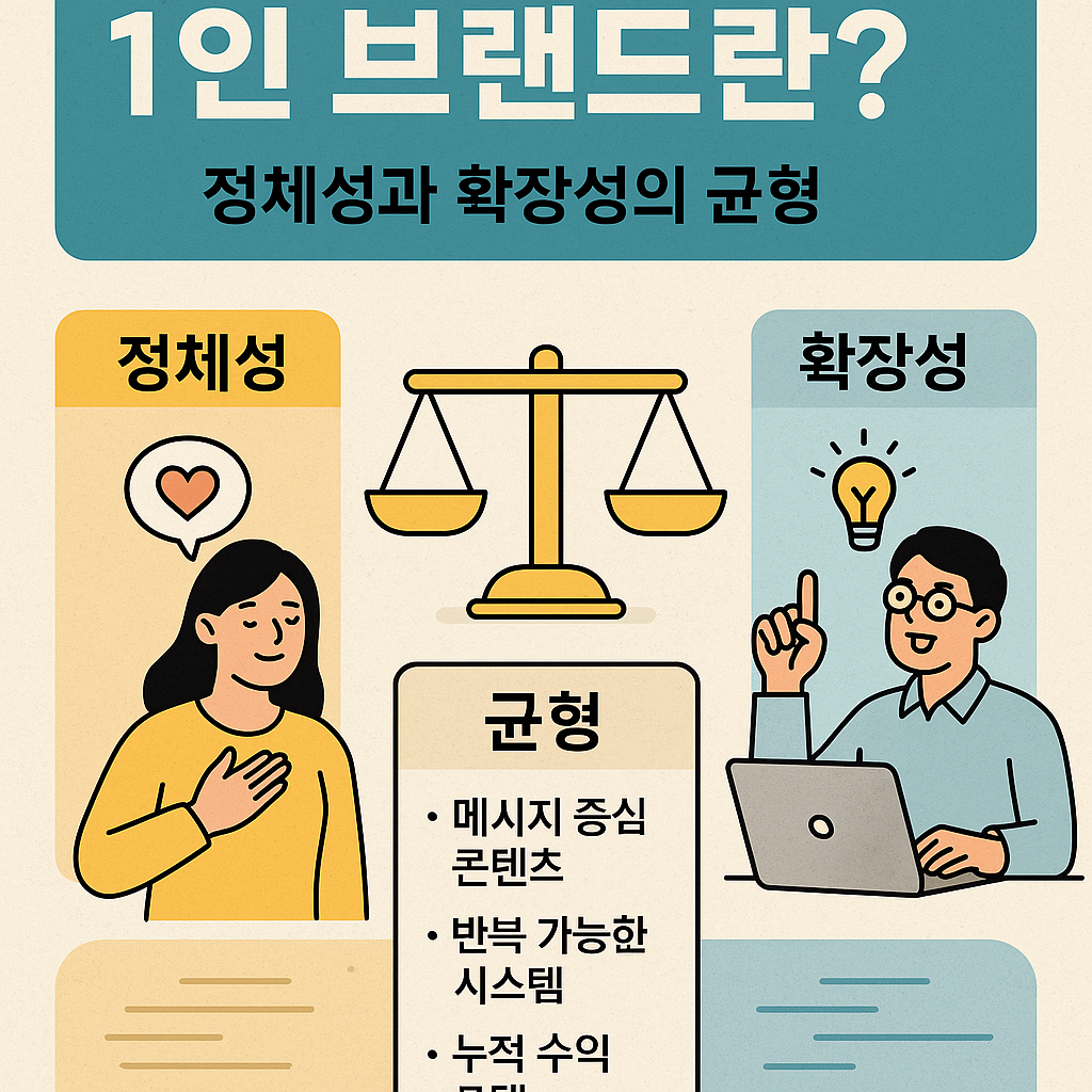 1인 브랜드의 장기 지속 가능성을 위해 정체성과 확장성을 균형 있게 설계하는 전략을 설명하는 평면 스타일 인포그래픽 일러스트 – 루틴 기반 브랜드의 미래 구조를 시각화
