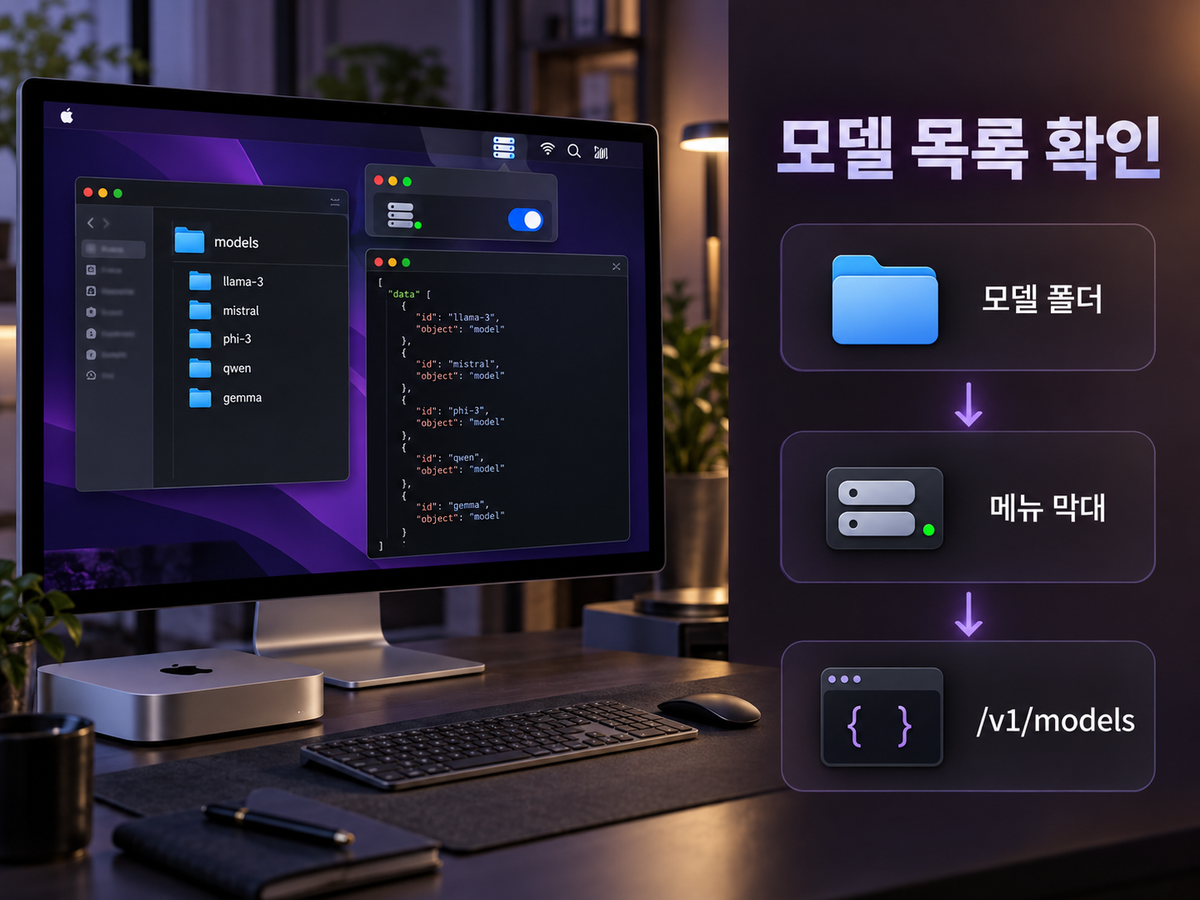 모델 폴더에서 메뉴 막대 서버를 시작하고 /v1/models로 모델 목록을 확인하는 순서