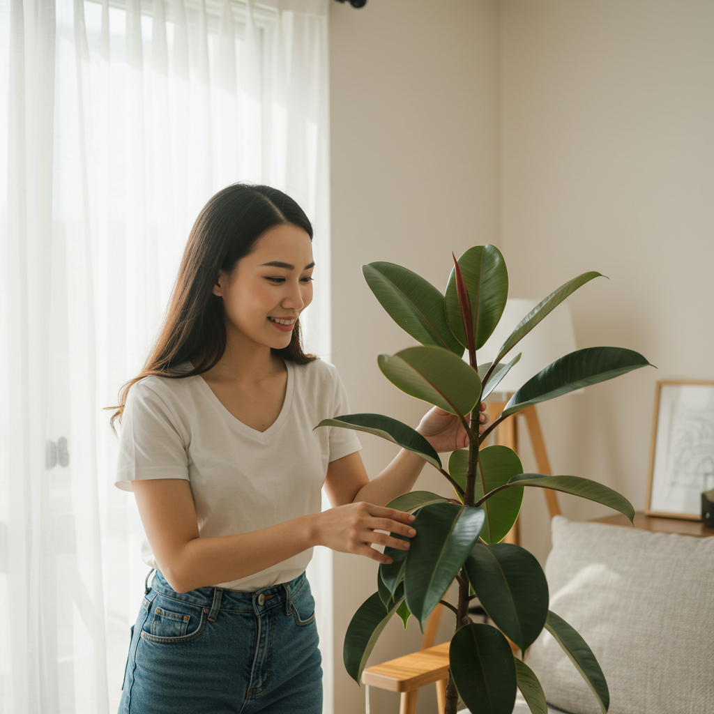 인도고무나무 나무를 집에서 기르고 있는 여성이 나무를 보며 흐믓해 하고 있다