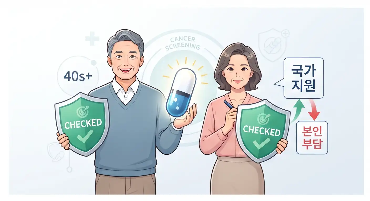 40세 이상 대상의 국가암검진 위내시경 검사와 국가 지원 및 본인 부담을 나타내는 일러스트