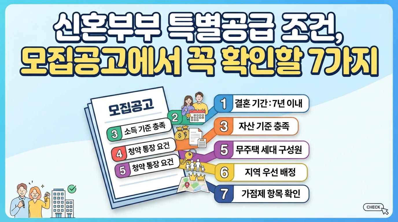 신혼부부 특별공급 조건과 모집공고에서 반드시 확인해야 할 7가지 핵심 항목을 정리한 이미지
