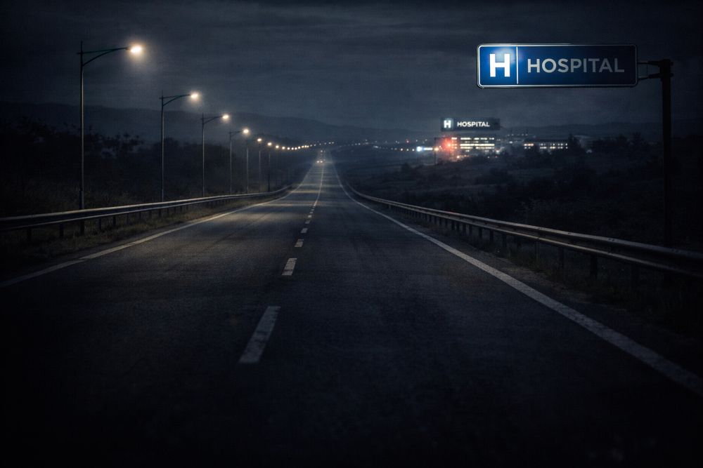 멀리 병원이 보이고 도로가 길게 이어진 모습으로 지방의 의료 접근성을 상징한 이미지