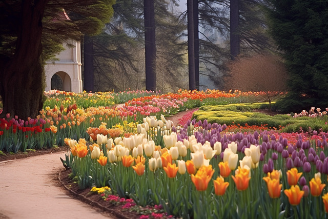 튤립이 많이 피어있는 정원