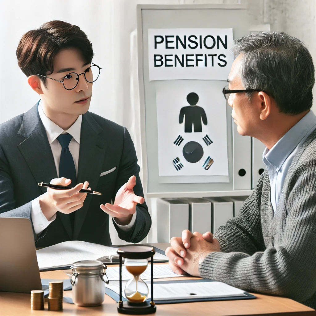 사무실에서 재정 상담사가 한국인 남성에게 연금 혜택을 설명하고 있는 모습