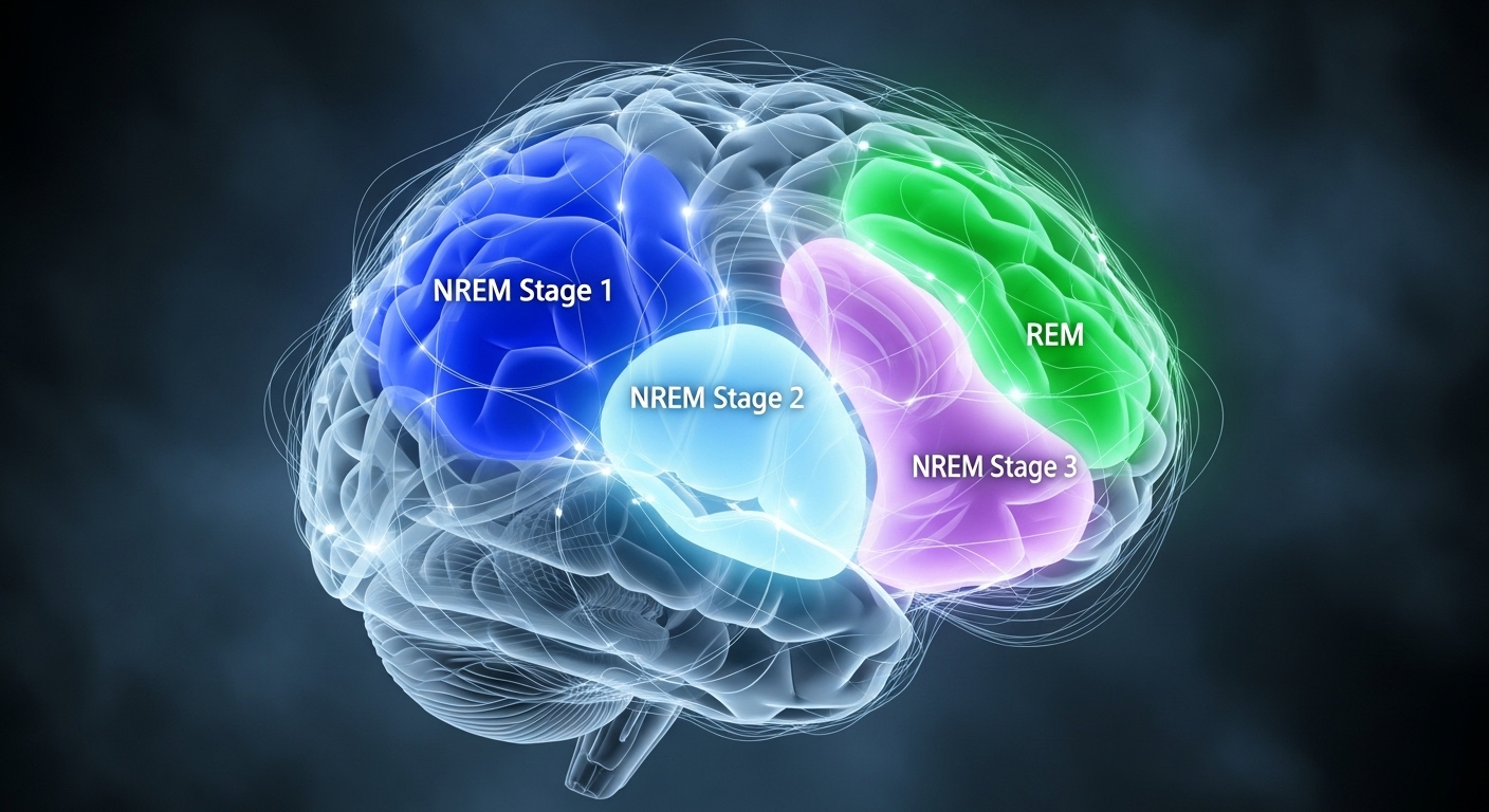 인간 뇌의 추상적인 과학 삽화. NREM과 REM 수면 단계를 나타내는 다양한 색상의 영역들이 부드럽게 빛나며 수면 중 뇌 활동의 역동성을 보여줍니다.