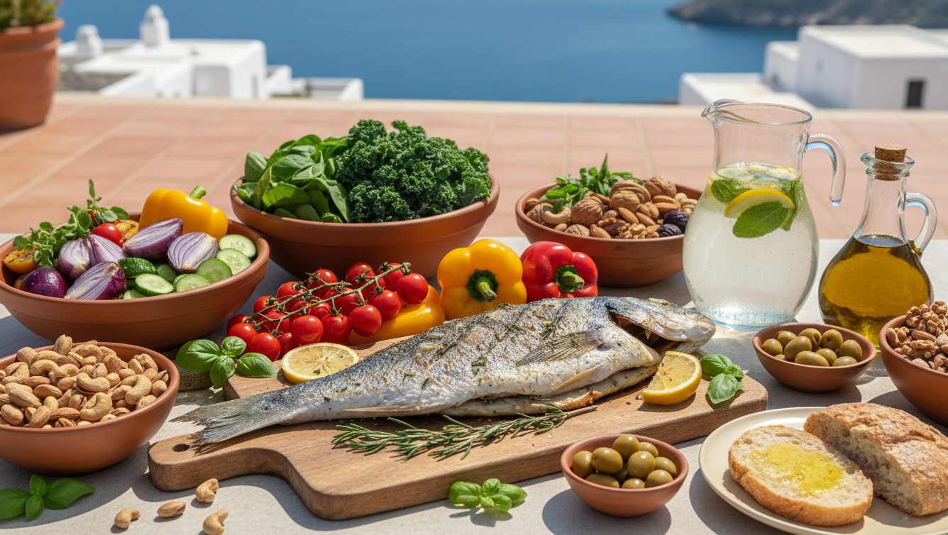 신선한 야채, 견과류, 생선 등 건강한 지중해식 식단 사진