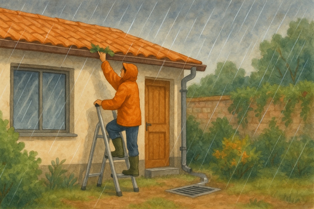 장마철 비 오는 날, 주택 지붕 홈통을 정비하는 주황색 우비를 입은 사람의 모습, 수채화 스타일의 외관 정비 풍경