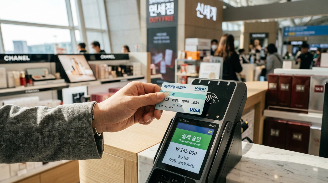 해외여행 체크카드 비접촉 결제 장면