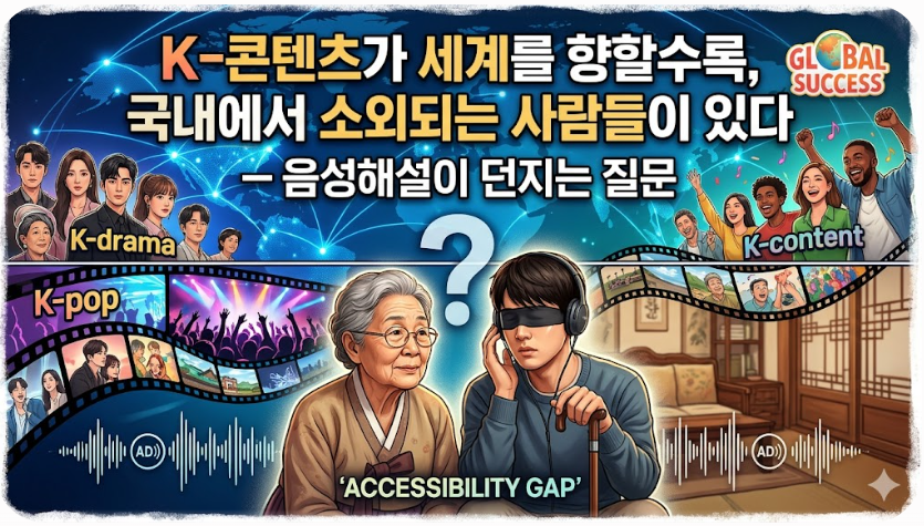 K-콘텐츠의 글로벌 성공을 축하하는 화려한 상단과 소외된 이들을 보여주는 차분한 하단이 대비되는 일러스트레이션입니다. 상단에는 세련된 K-드라마 배우들과 환호하는 다양한 글로벌 팬들이 'Global Success'와 'K-drama', 'K-content' 텍스트와 함께 묘사됩니다. 중앙의 거대한 물음표 아래, 하단 전경에는 pensive한 표정의 노인 여성과 지팡이, 헤드폰을 착용한 시각 장애인 남성이 함께 앉아 경청하고 있습니다. 'K-pop' 필름 스트립과 헤드폰, 'AD' 아이콘이 있는 음파가 소외된 접근성을 시각화합니다.