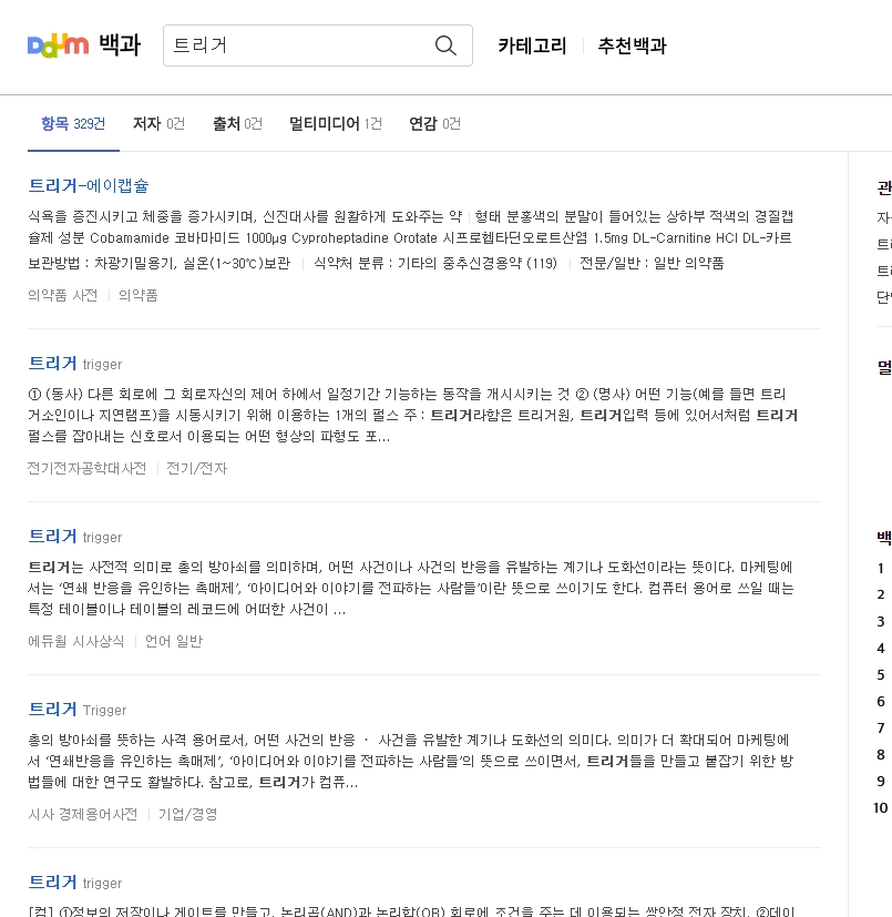 어학사전에서 방아쇠라는 본래의 의미를 확인하는 화면