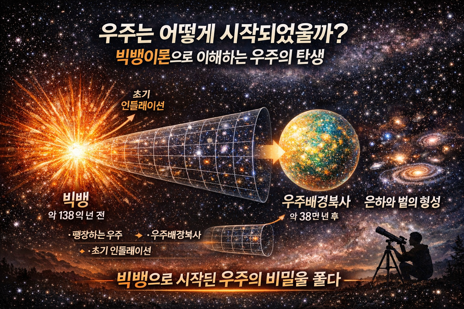 빅뱅이론을 통해 우주의 시작과 초기 인플레이션, 우주배경복사와 은하 형성 과정을 설명한 이미지