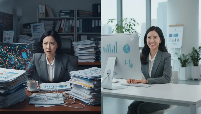 연말정산 서류에 둘러싸여 혼란스러워하는 한국인 여성과 정리된 화면을 보며 만족하는 한국인 여성이 대비되는 모습