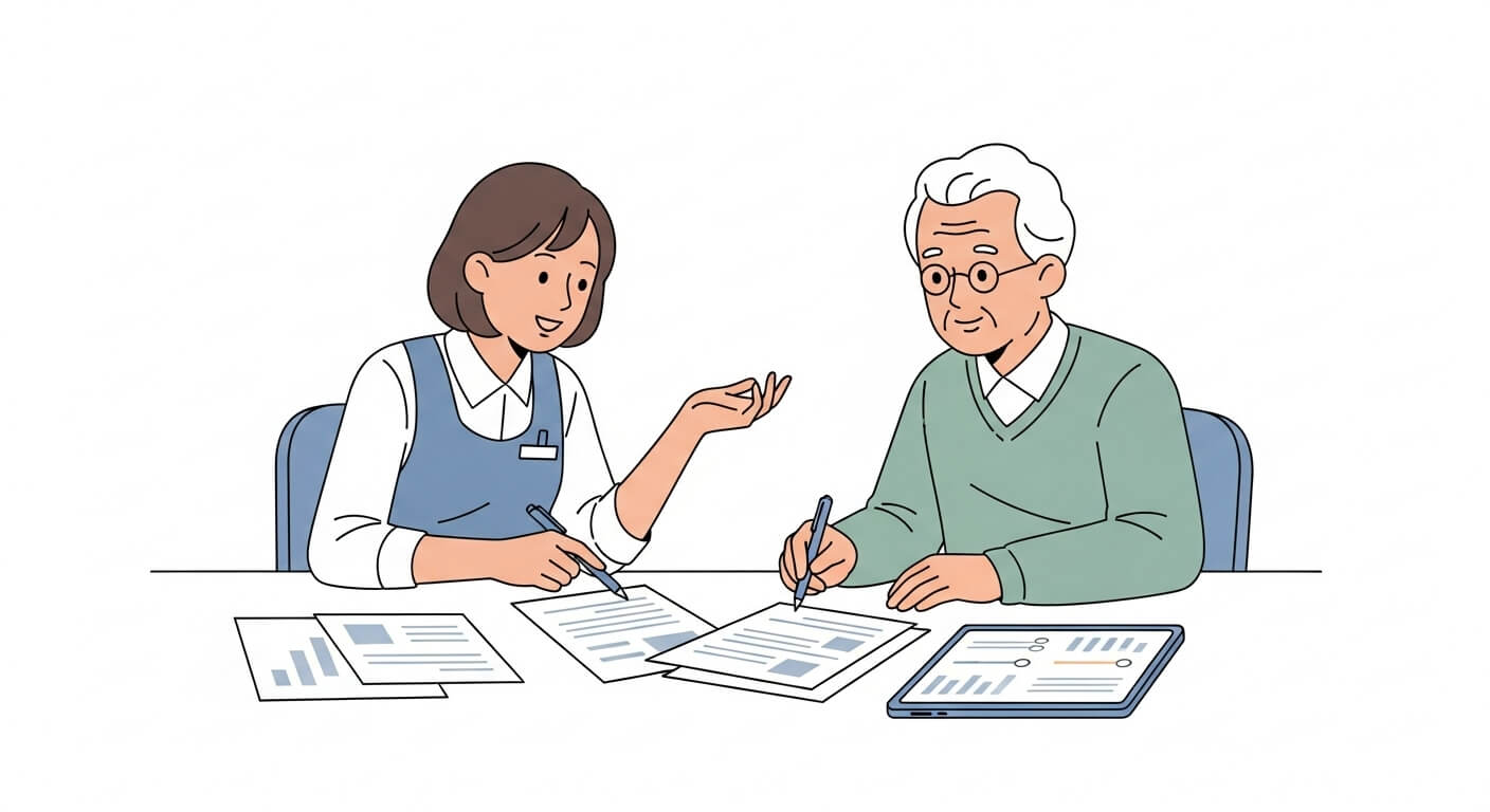 소득인정액 계산을 위해 서류를 검토하는 공무원과 어르신의 상담 장면 1