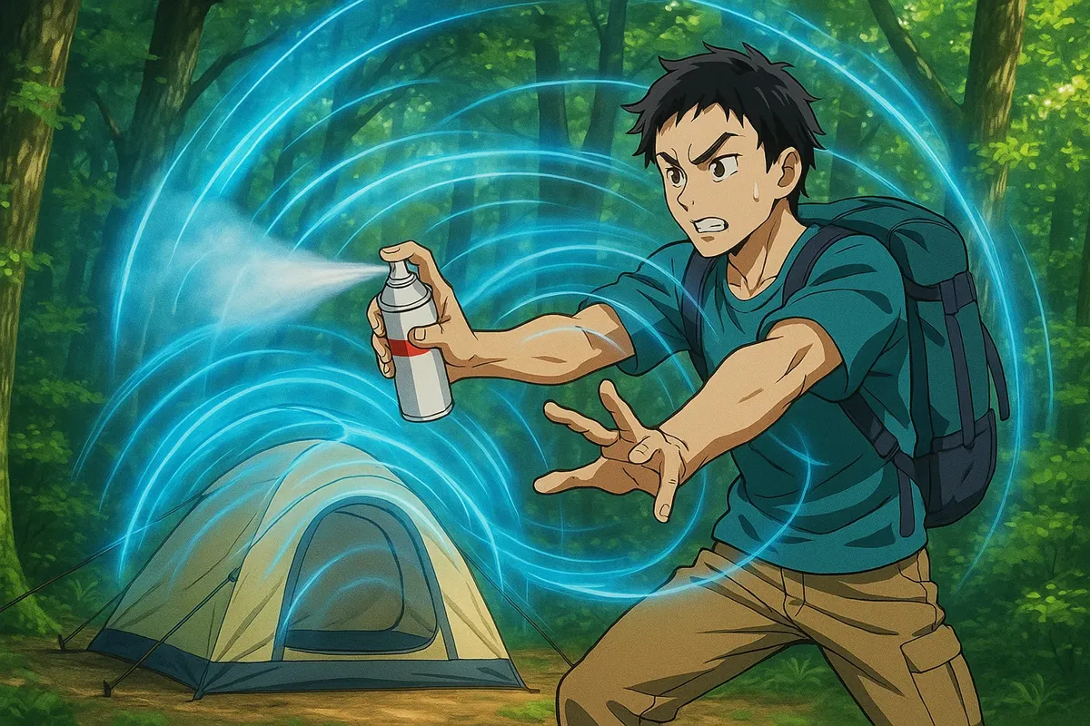 가족이 캠핑장에서 모기 퇴치 스프레이를 손으로 꼼꼼히 바르는 모습, 주변에 보이지 않는 보호막이 형성된 듯한 그래픽 효과 추가