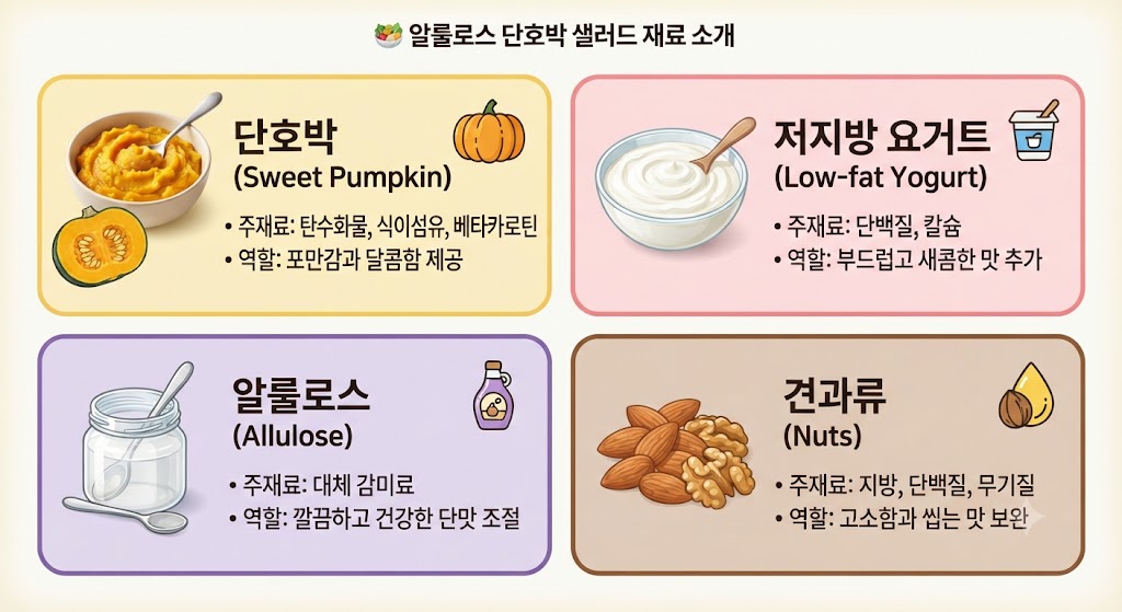 알룰로스 단호박 샐러드 재료 소개 - 단호박, 저지방 요거트, 알룰로스, 견과류의 주요 영양 성분과 역할 안내 인포그래픽