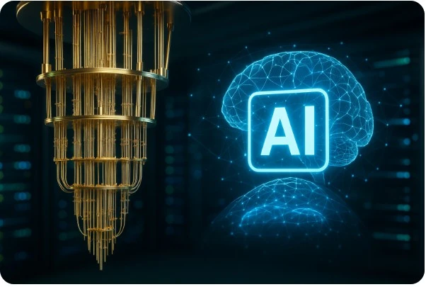 양자컴퓨터와 인공지능 두뇌가 함께 표현된 미래형 기술 이미지