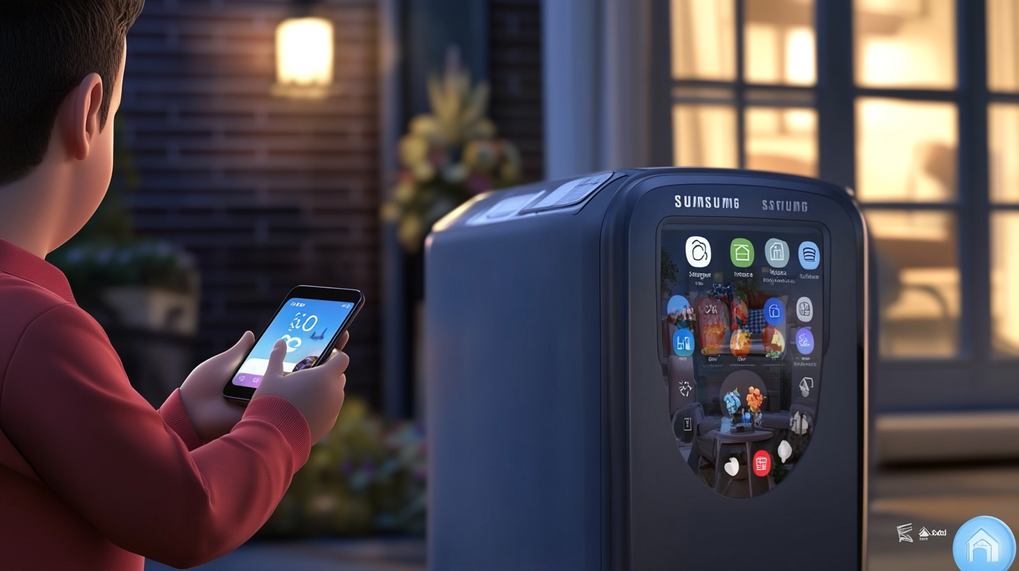 사용자가 집에서 스마트폰의 SmartThings 앱을 통해 삼성 WF24T8000KV를 쉽게 제어하는 편리한 원격 조작 이미지