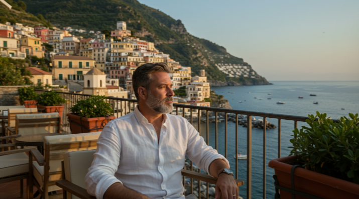 Elegant businessman in white linen shirt sitting at Mediterranean seaside cafe terrace