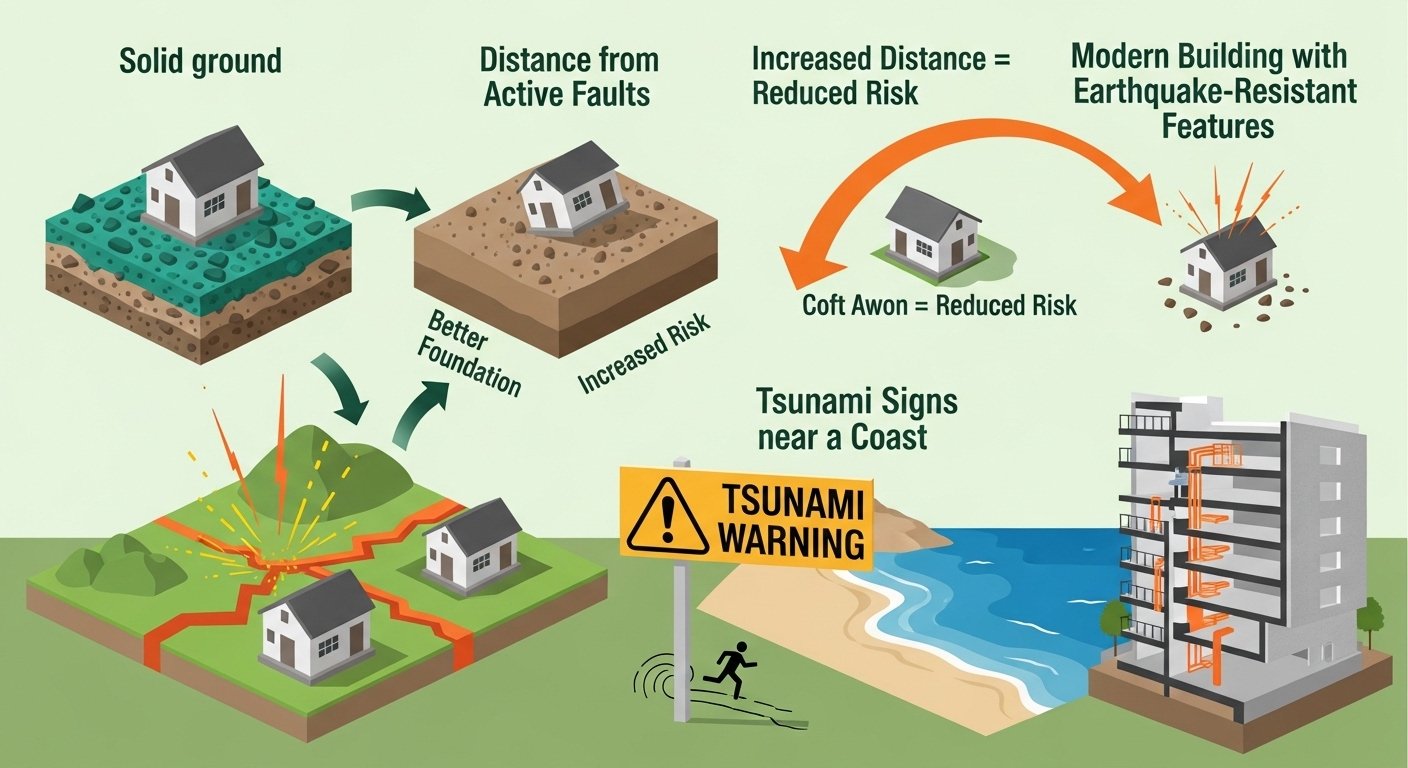 지진 안전도를 결정하는 지반, 단층, 쓰나미 위험, 내진 설계 요소들을 보여주는 인포그래픽