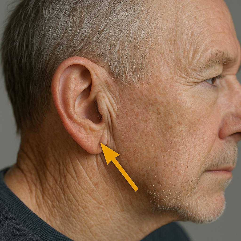 프랭크 징후를 보이는 중년 남성의 귓볼사진