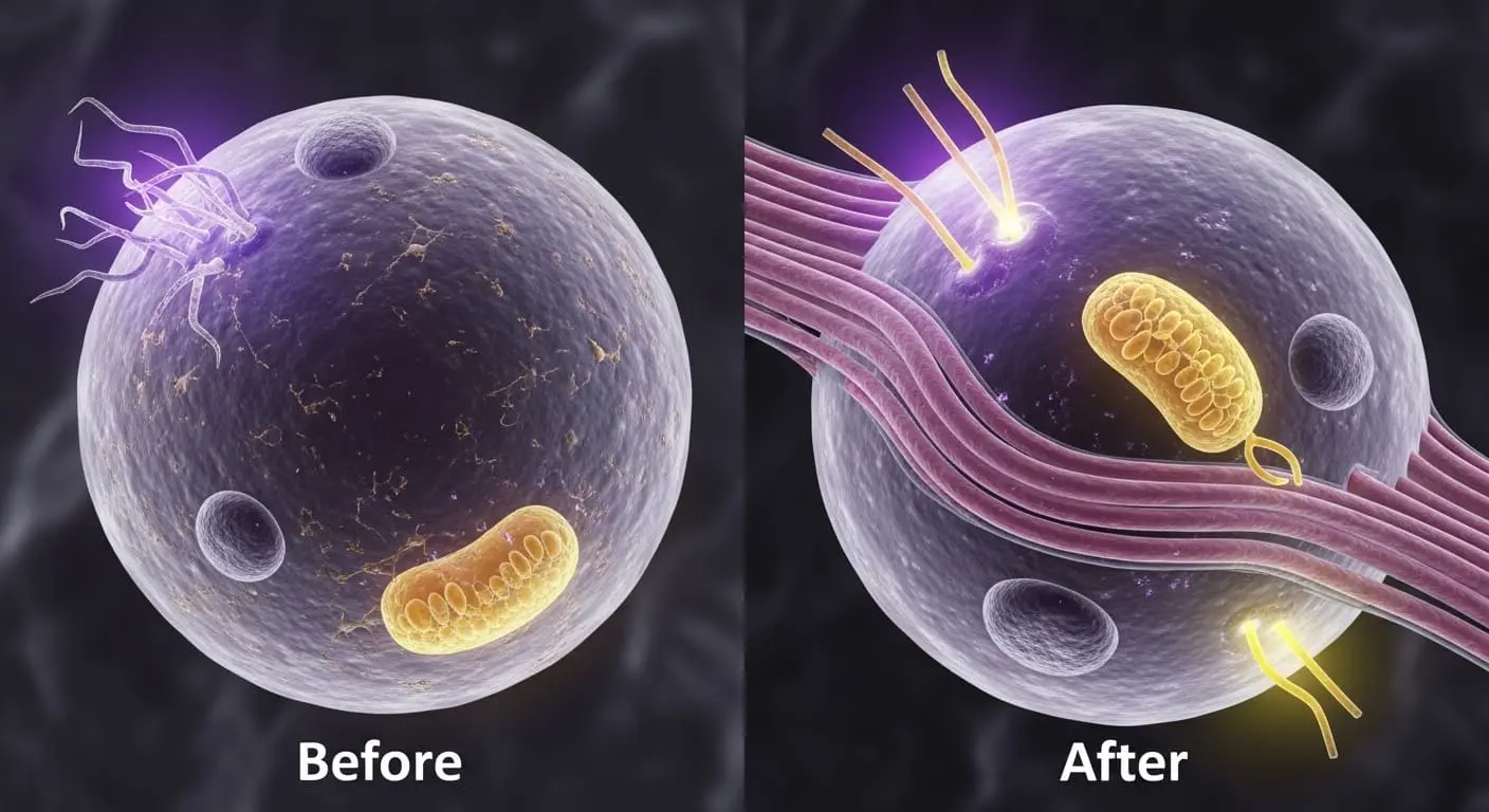 노화된 세포와 역노화되어 활력을 되찾은 세포의 모습을 비교하는 이미지. 야마나카 인자나 세놀리틱스 같은 기술의 효과를 시각적으로 보여준다.