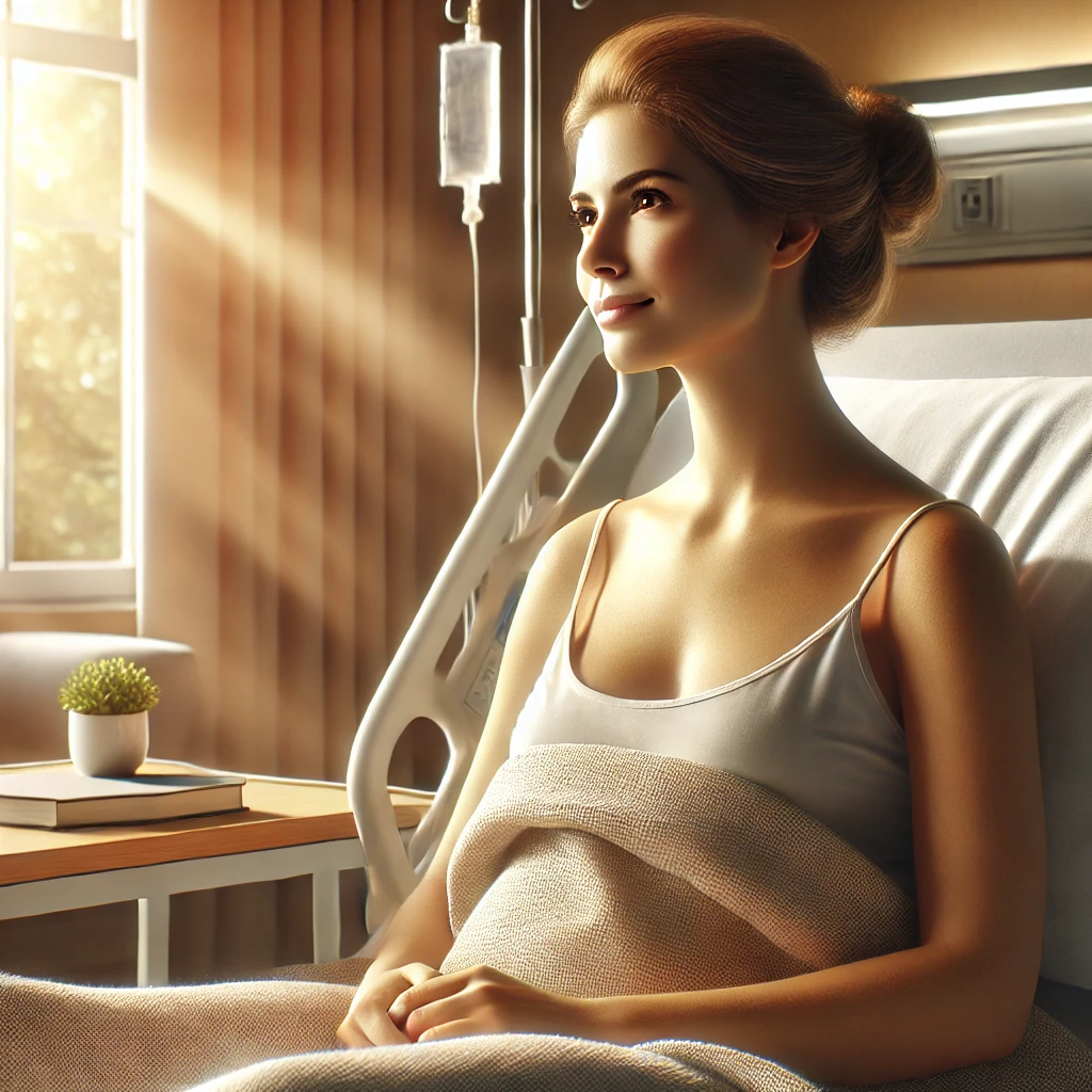 병원 침대에서 회복 중인 여성, 창문으로 따뜻한 햇살이 들어오는 모습