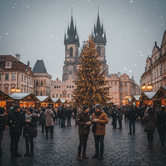 체코 프라하 구시가 광장의 크리스마스 마켓 야경. 화려하게 장식된 거대한 크리스마스트리가 틴 교회와 고딕 양식 건축물들 사이에서 빛나고, 사람들이 따뜻한 핫와인을 마시며 로맨틱한 동유럽 겨울 분위기를 즐기는 모습.