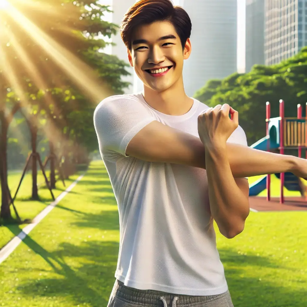 햇살 가득한 공원에서 가볍게 스트레칭하는 젊은 아시아 남성