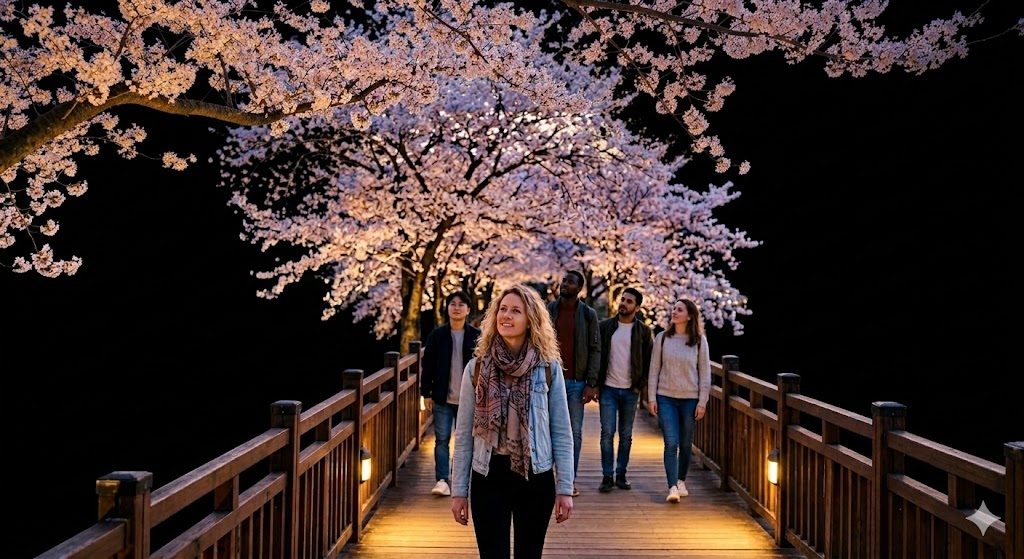 Foreign tourists walking on Woryeonggyo, surrounded by illuminated cherry blossoms in Andong, South Korea.