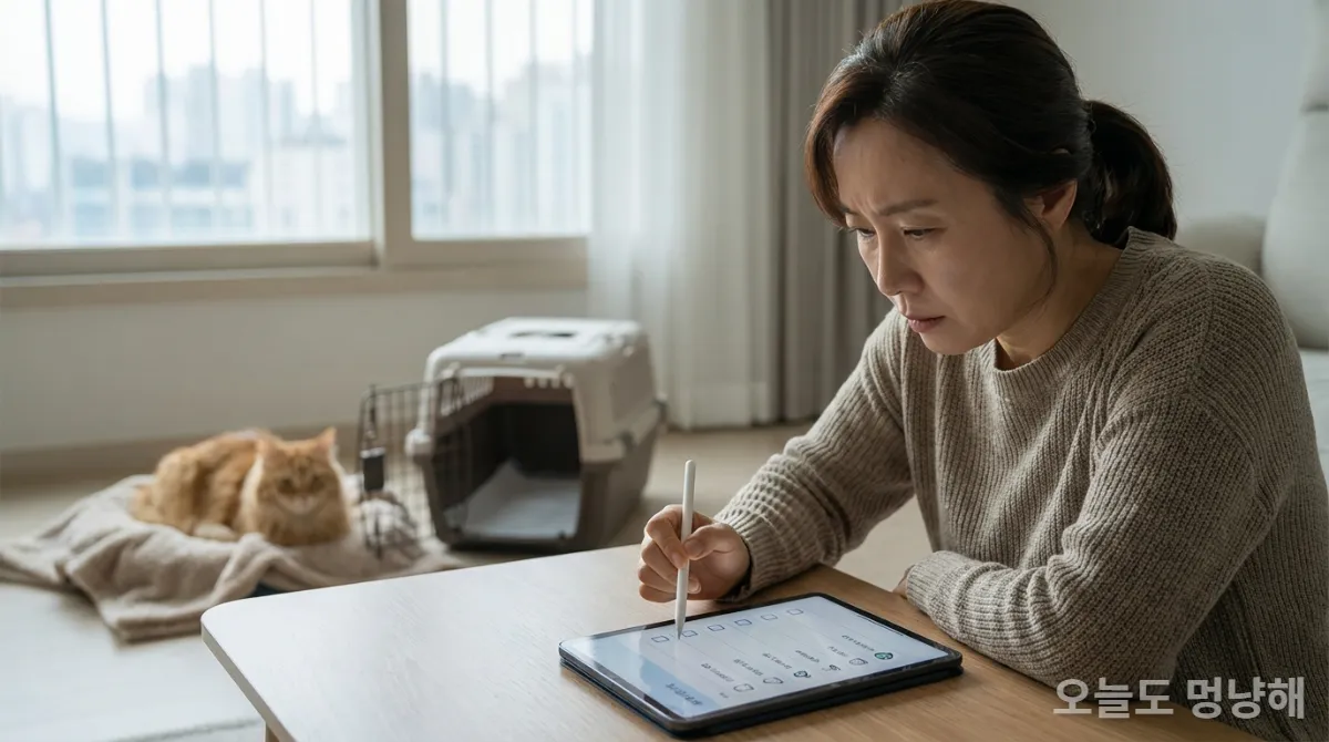 수의사 방문 전 고양이 구토 체크리스트를 작성하는 한국인 보호자