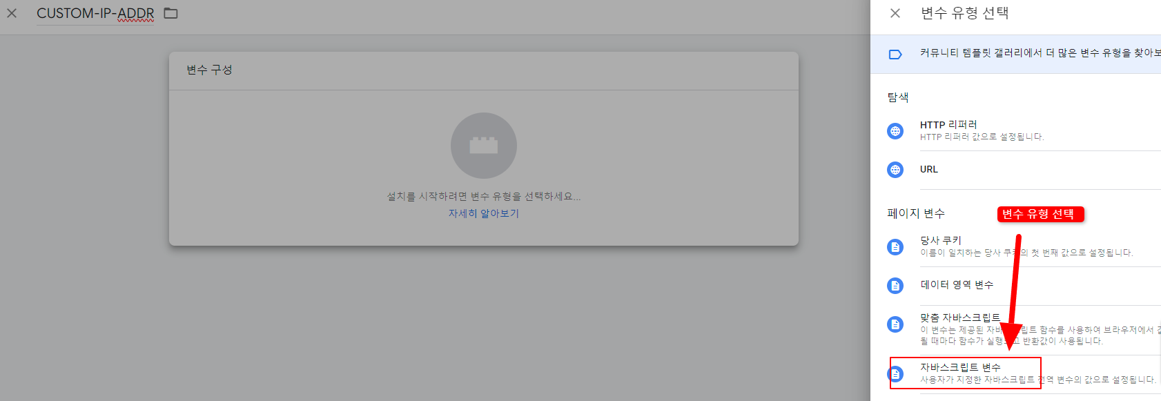 변수 유형을 자바스트립트 변수로 선택