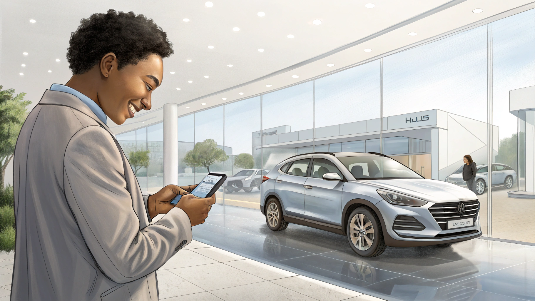 차량을 두고 한 사람이 앱을 보고있는 모습