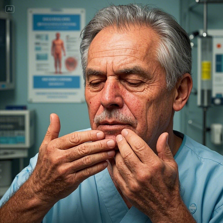 중년 남성이 피부에 통증을 느끼며 손으로 만지는 모습&amp;#44; 붉은 발진이 나타난 피부를 확인하는 장면