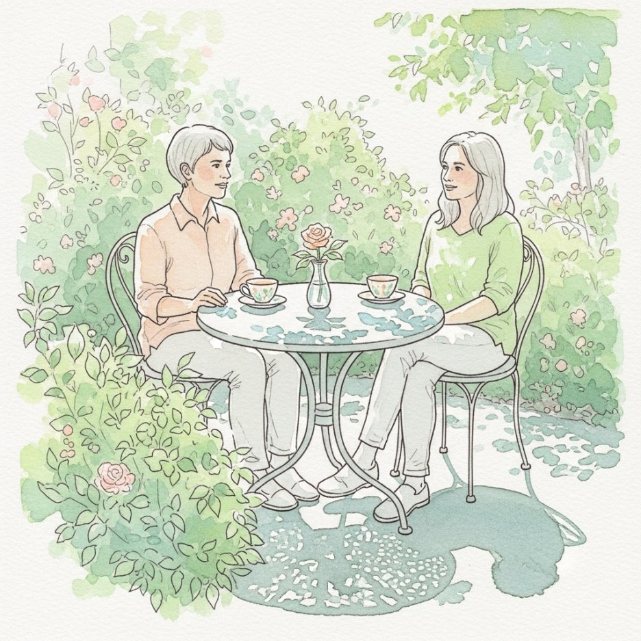 대화를 나누는 사람들을 묘사한 따뜻한 수채화