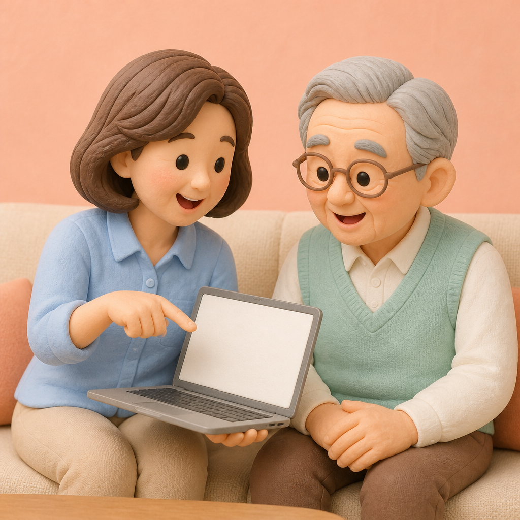 거실 소파에서 할아버지에게 노트북 화면을 가리키며 설명하는 딸