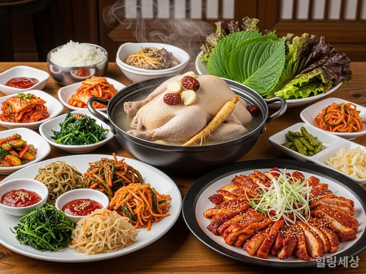 청송 달기약수로 끓여낸 닭백숙과 매콤한 닭불고기가 차려진 먹음직스러운 한 상 차림