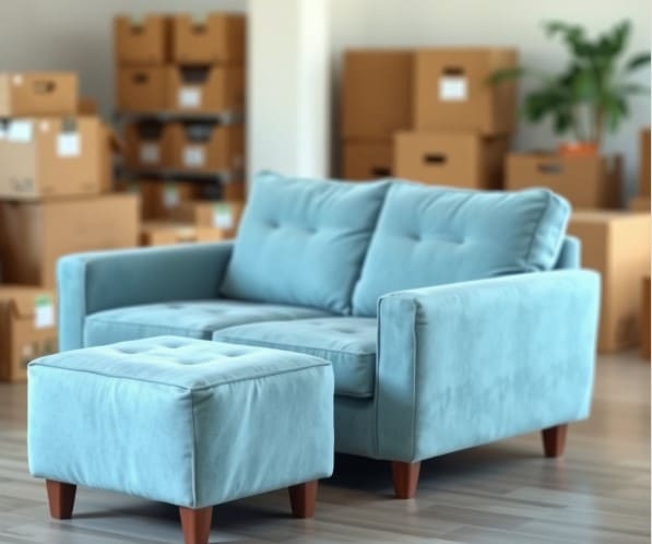 하늘색 소파와 소파스툴.