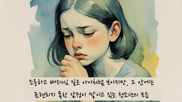 조용하고 배려심 깊은 아이처럼 보이지만, 그 안에는 표현되지 못한 감정이 쌓이고 있습니다에 관한 그림
