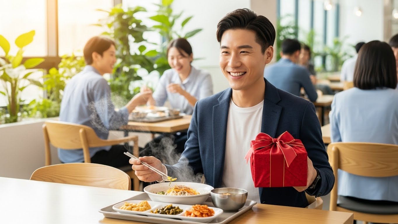식대 인상 등 회사 복지 혜택을 누리며 만족해하는 한국 직장인의 점심 시간