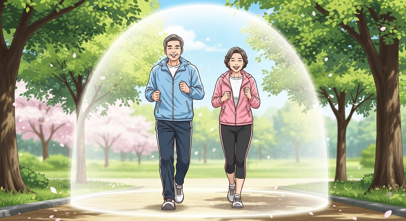 공원에서 즐겁게 활동하는 50대 성인들의 모습, RSV 백신 접종 확대로 건강한 일상을 지키는 것을 상징합니다.