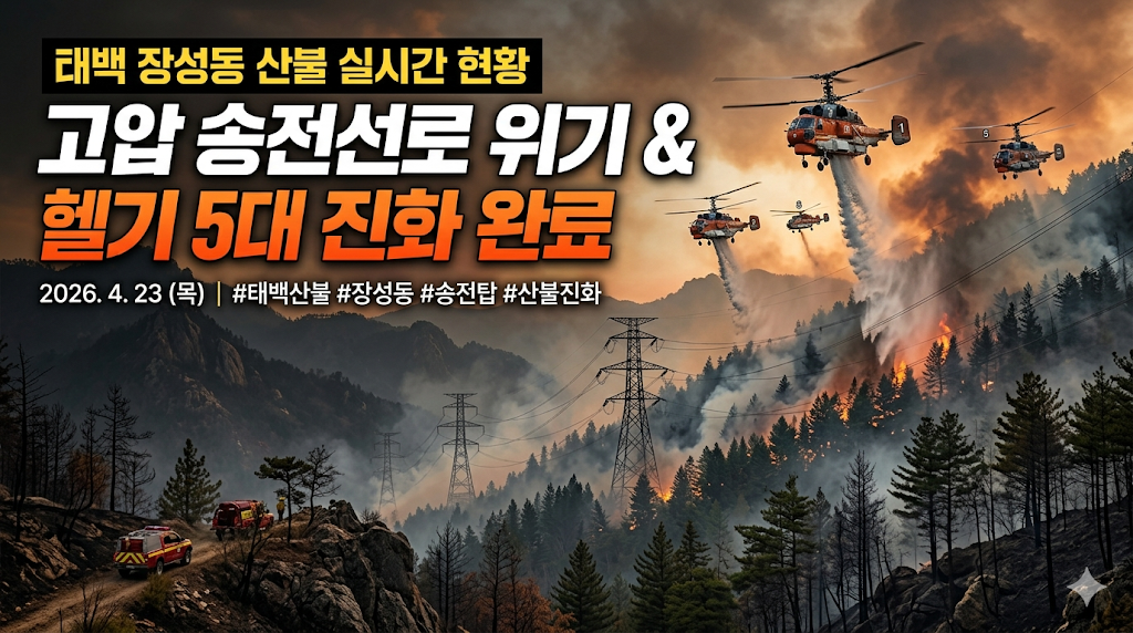 태백 장성동 산불 실시간 현황: 고압 송전선로 위기 및 헬기 5대 진화 완료 (2026. 4. 23)
